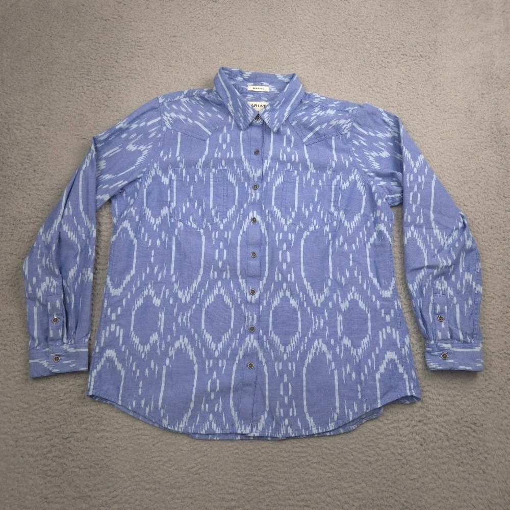 Ariat Billie Jean Shirt Womens Large Blue Ikat Western Button Cotton Top